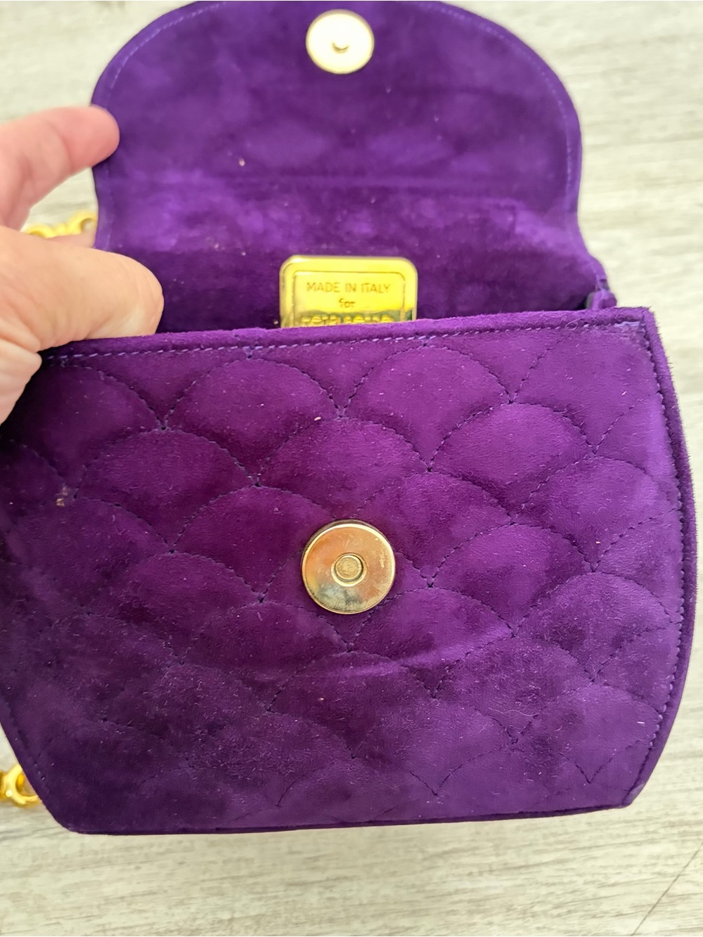 Henri Bendel Purple Velvet Mini Evening Bag Pearl Gold Leather Made In Italy - Picture 5 of 14